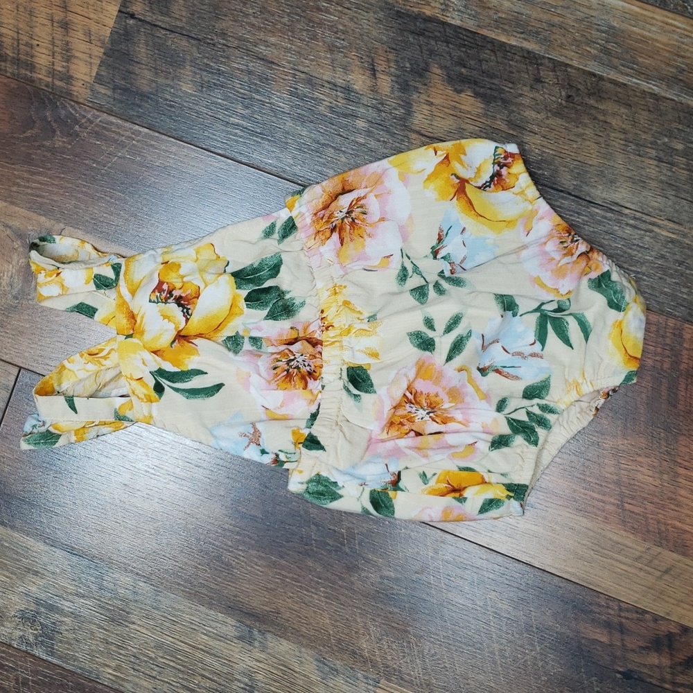 Old Navy Yellow and Green Floral Ruffle Strap Romper, Size 12-18 Months